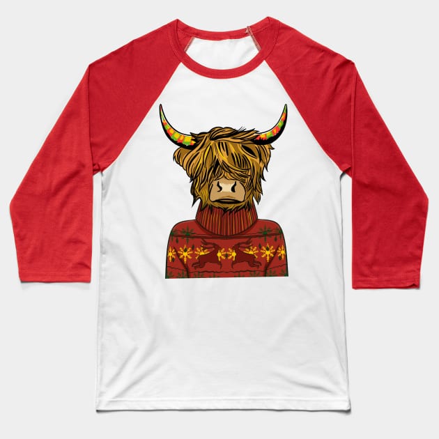 Scottish Highland Cow Wearing A Red Sweatshirt Baseball T-Shirt by i am Cuta